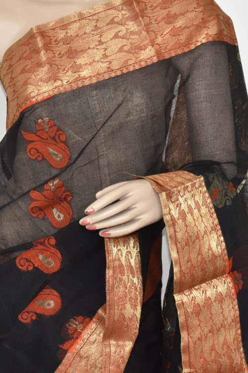 Black Handwoven Tant Cotton Saree 17383