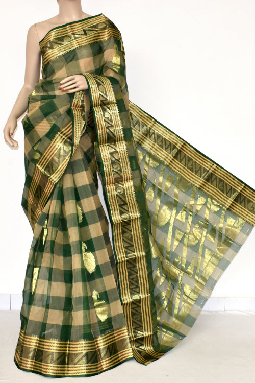 Green-Fawn Handwoven Tant Cotton Saree 17400