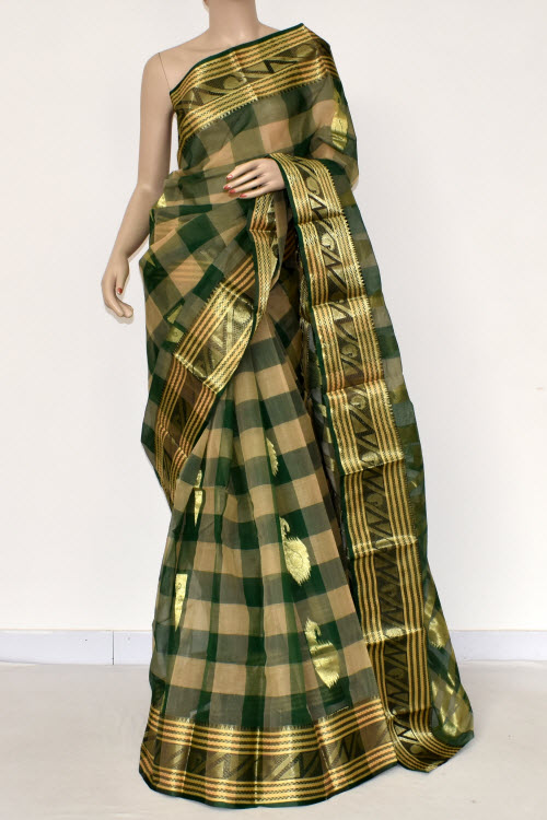 Green-Fawn Handwoven Tant Cotton Saree 17400