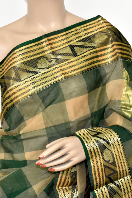Green-Fawn Handwoven Tant Cotton Saree 17400