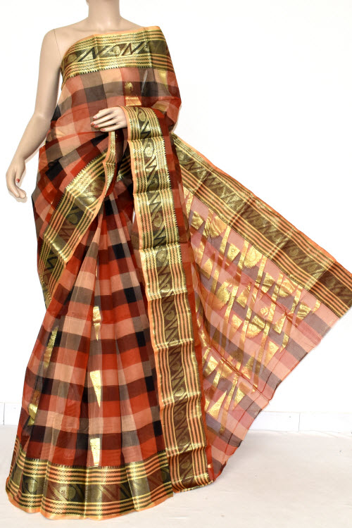 Red-Black Handwoven Tant Cotton Saree 17401