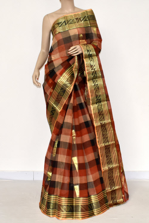 Red-Black Handwoven Tant Cotton Saree 17401