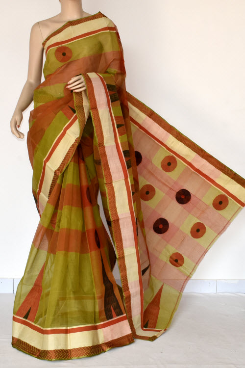 Mehndi Green-Orange Handwoven Tant Cotton Saree 17402