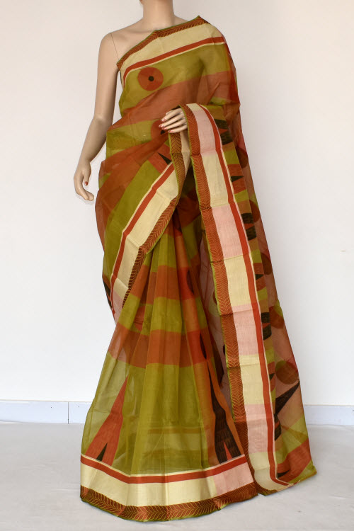 Mehndi Green-Orange Handwoven Tant Cotton Saree 17402
