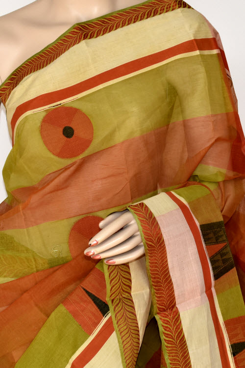 Mehndi Green-Orange Handwoven Tant Cotton Saree 17402