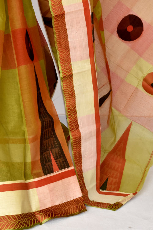 Mehndi Green-Orange Handwoven Tant Cotton Saree 17402