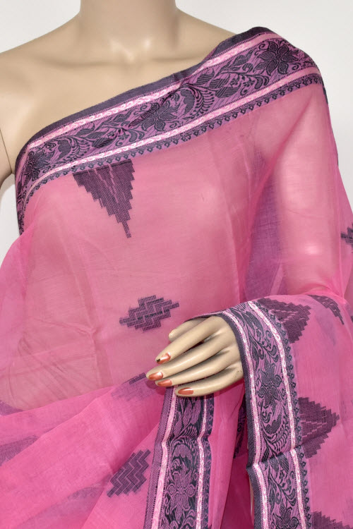 Pink Handwoven Tant Cotton Saree 17411