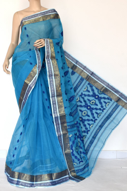 Pherozi Blue Handwoven Tant Cotton Saree 17416