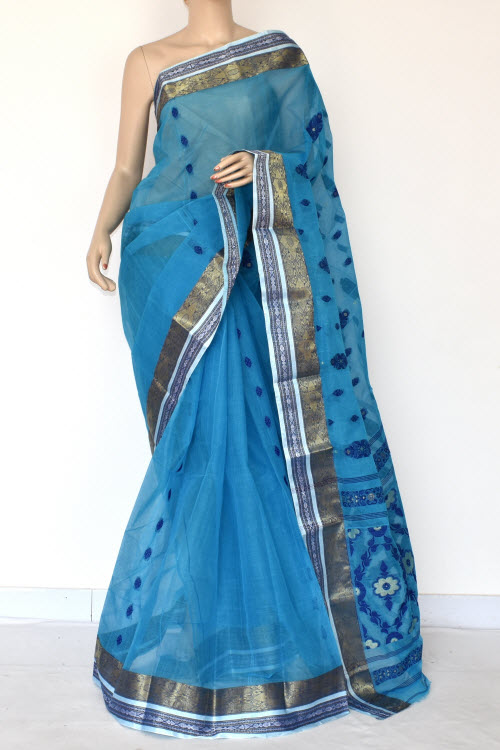 Pherozi Blue Handwoven Tant Cotton Saree 17416