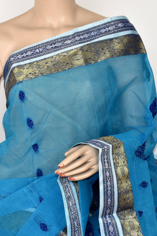 Pherozi Blue Handwoven Tant Cotton Saree 17416