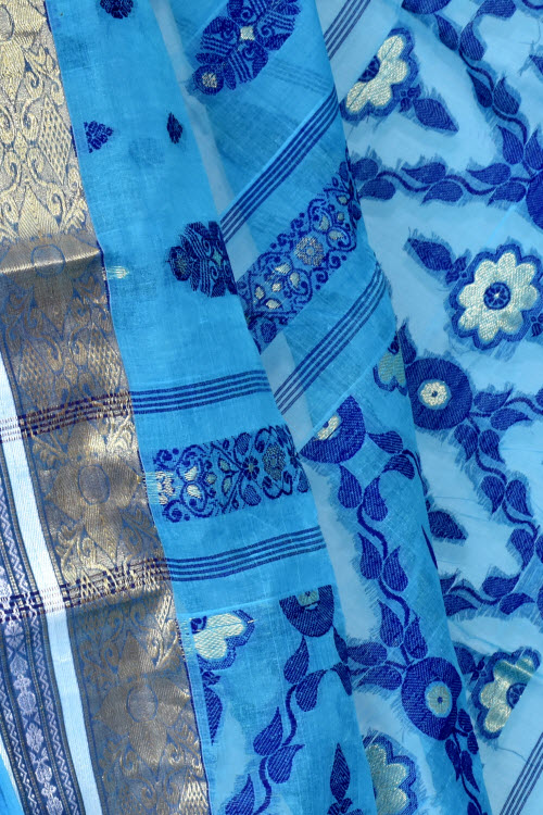 Pherozi Blue Handwoven Tant Cotton Saree 17416