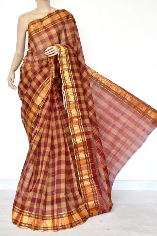 Maroon-Fawn Handwoven Tant Cotton Saree 17422