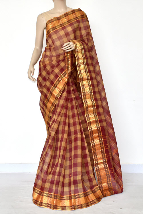 Maroon-Fawn Handwoven Tant Cotton Saree 17422