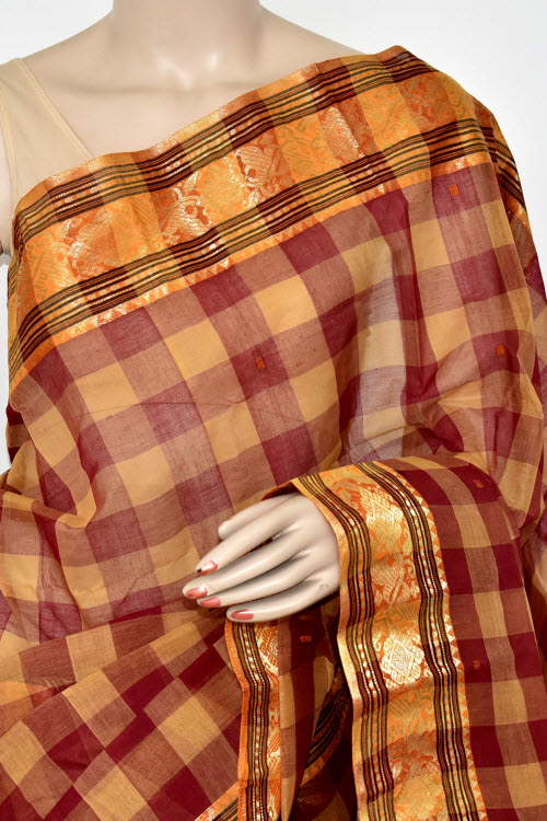 Maroon-Fawn Handwoven Tant Cotton Saree 17422