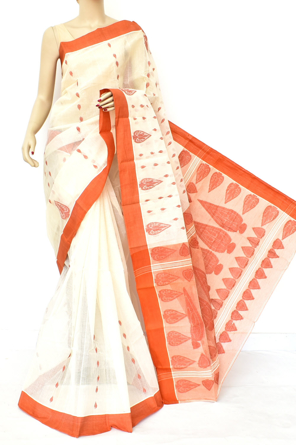 Off White-Rust Handwoven Tant Cotton Saree 17430