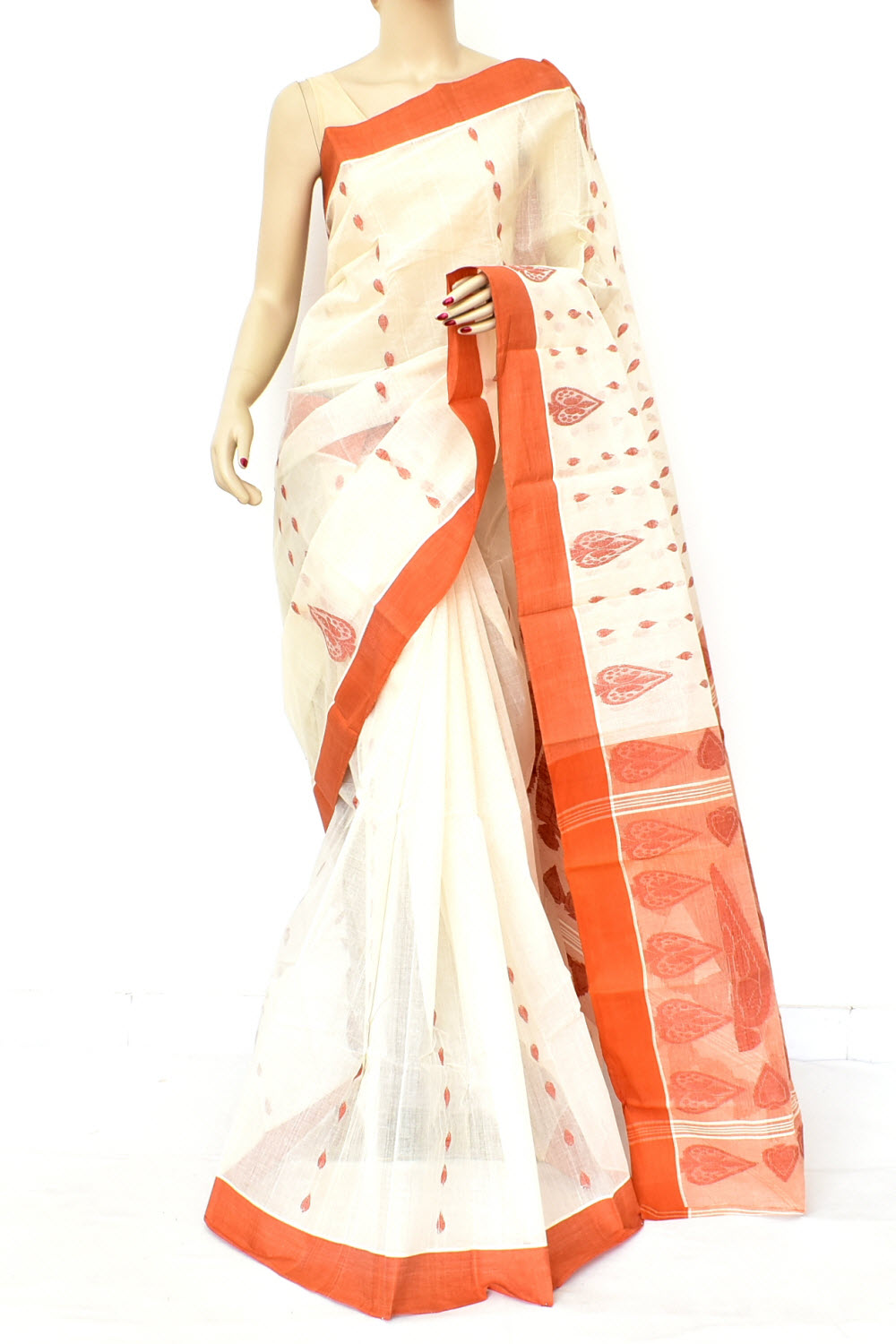 Off White-Rust Handwoven Tant Cotton Saree 17430
