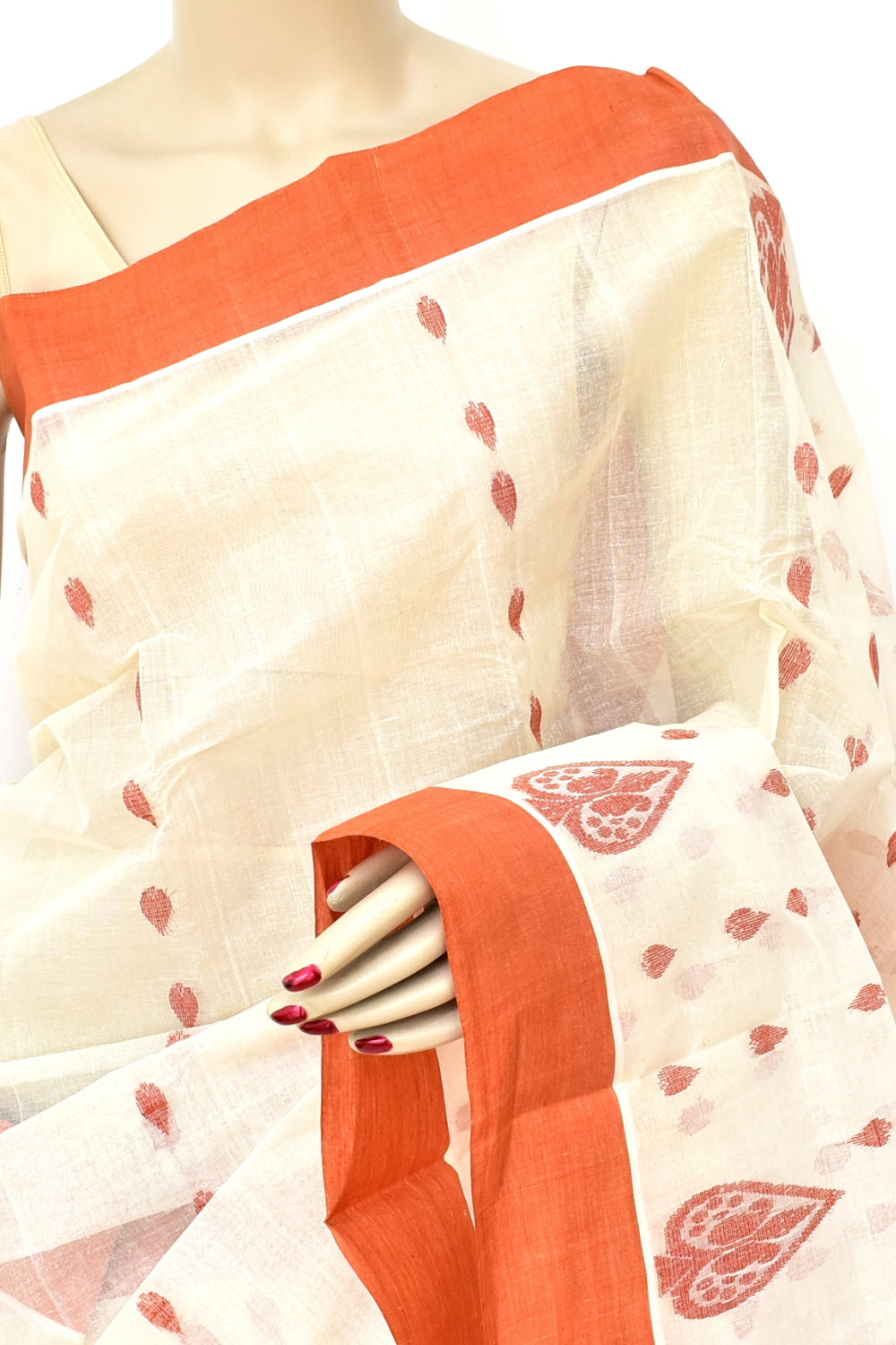 Off White-Rust Handwoven Tant Cotton Saree 17430