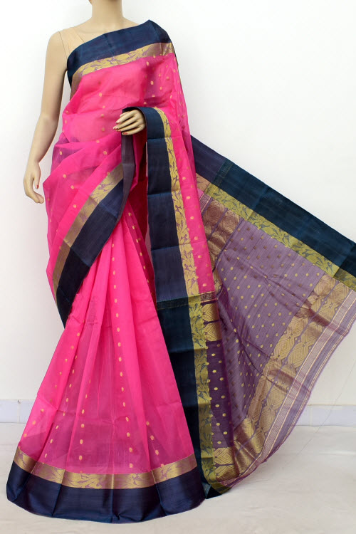 Pink-Blue Handwoven Tant Kora Cotton Saree 17433