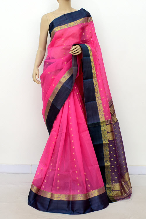 Pink-Blue Handwoven Tant Kora Cotton Saree 17433
