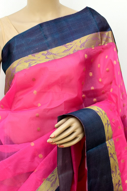 Pink-Blue Handwoven Tant Kora Cotton Saree 17433
