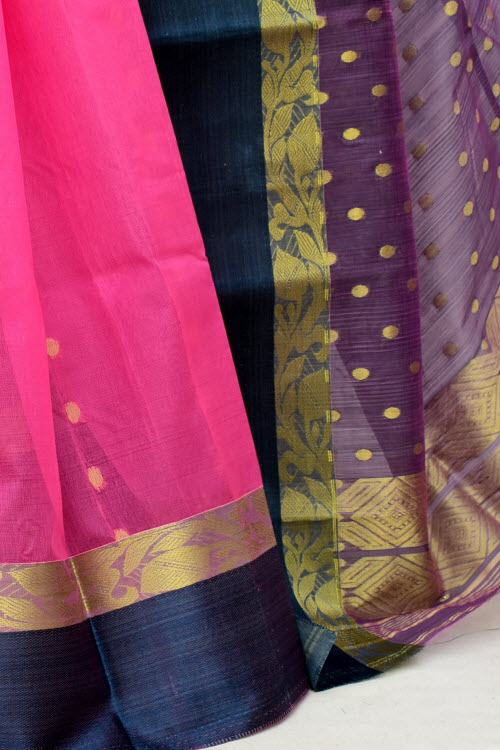 Pink-Blue Handwoven Tant Kora Cotton Saree 17433