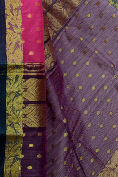Pink-Blue Handwoven Tant Kora Cotton Saree 17433