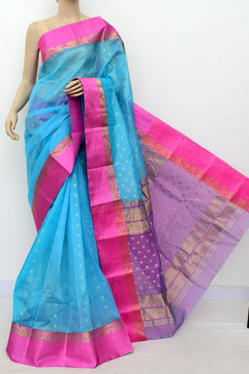 Pherozi Blue-Pink Handwoven Tant Kora Cotton Saree 17435