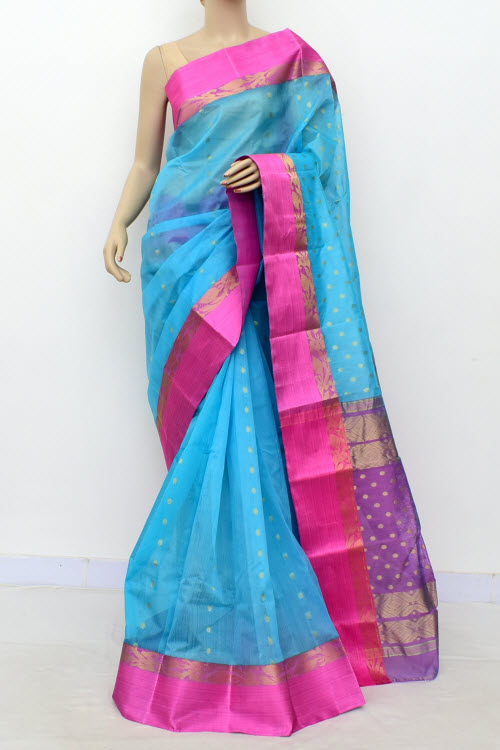 Pherozi Blue-Pink Handwoven Tant Kora Cotton Saree 17435