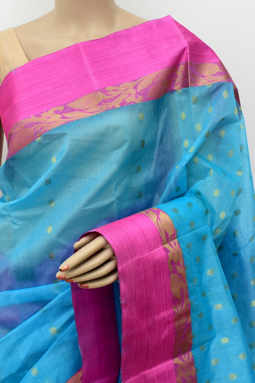 Pherozi Blue-Pink Handwoven Tant Kora Cotton Saree 17435