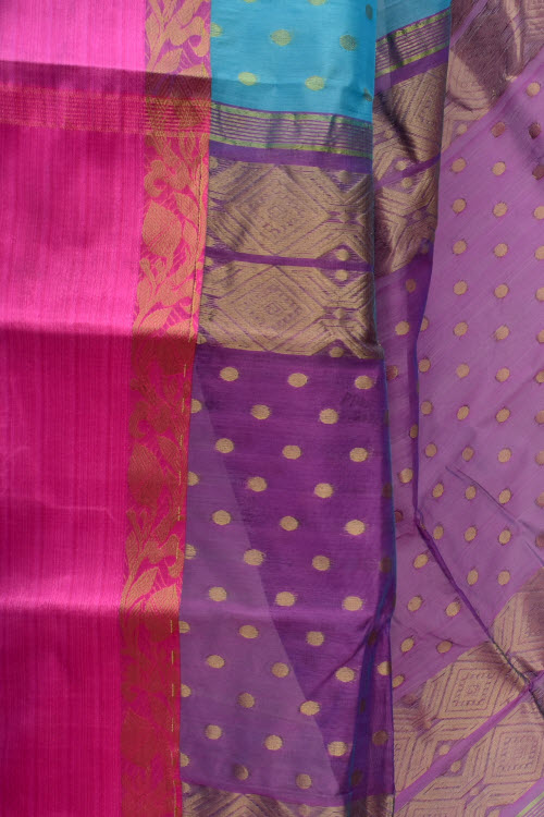 Pherozi Blue-Pink Handwoven Tant Kora Cotton Saree 17435