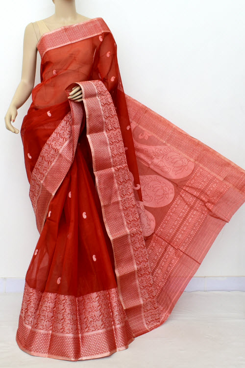 Rust Handwoven Tant Cotton Saree 17436