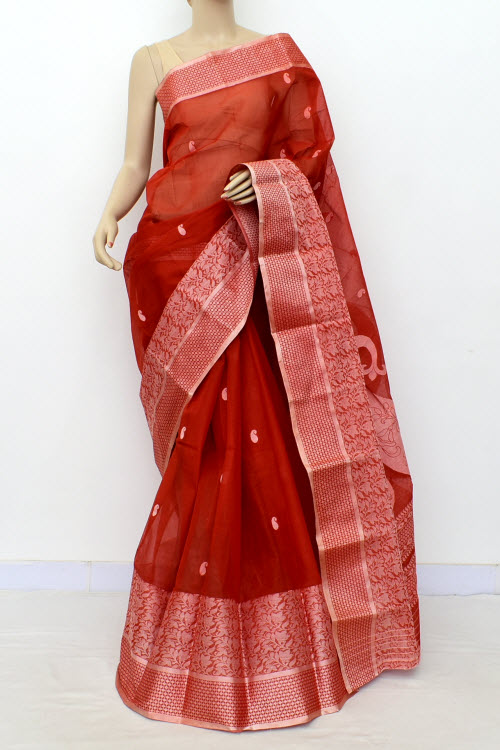 Rust Handwoven Tant Cotton Saree 17436