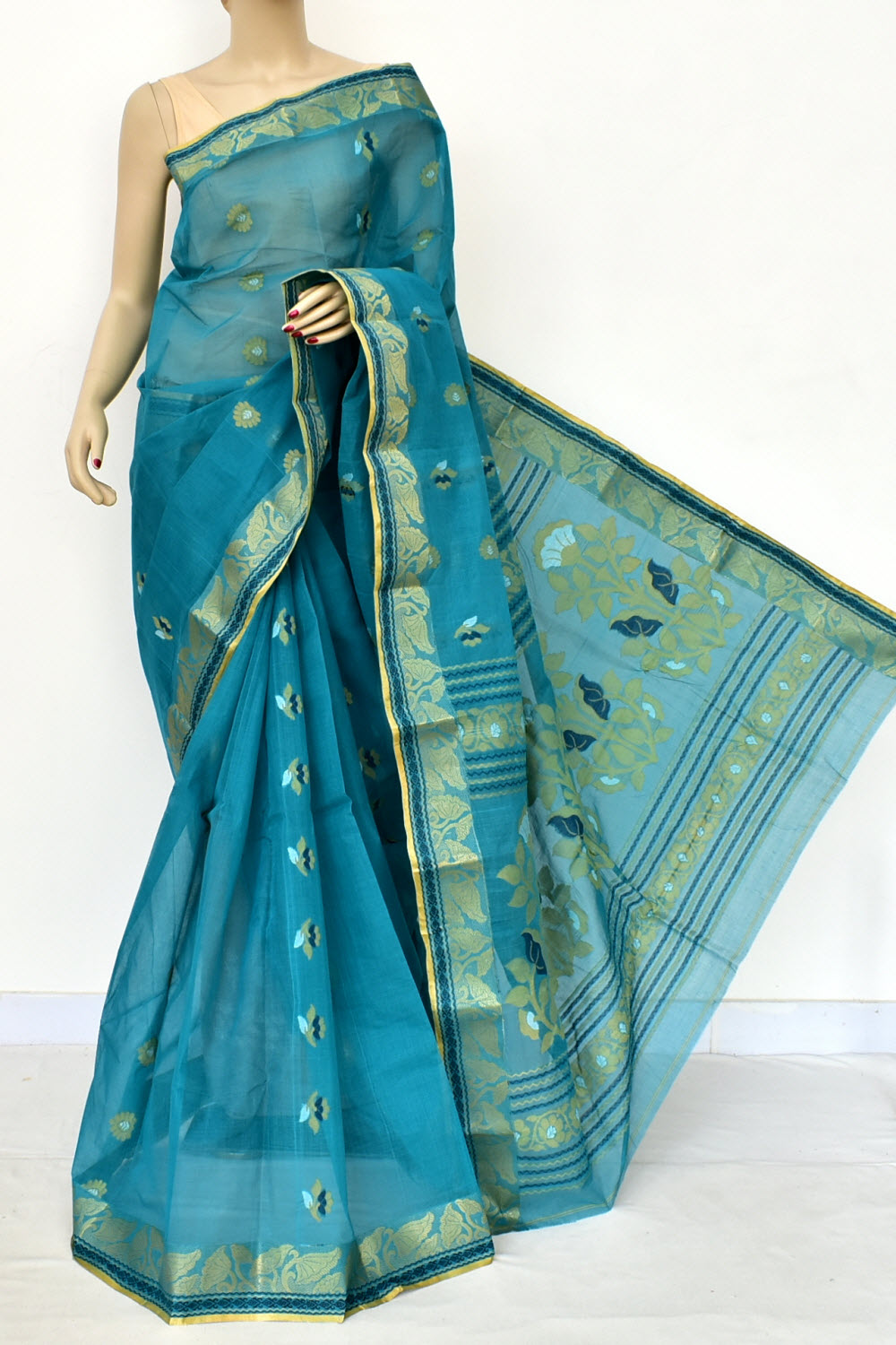 Teal Blue Handwoven Tant Cotton Saree 17459