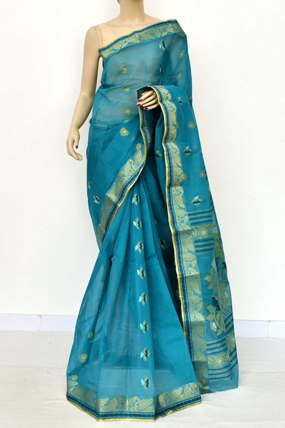 Teal Blue Handwoven Tant Cotton Saree 17459