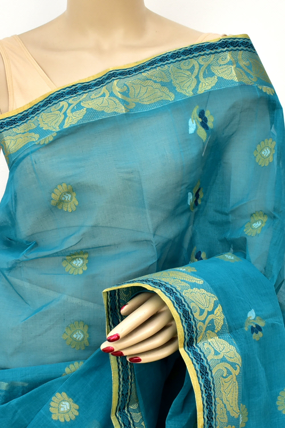 Teal Blue Handwoven Tant Cotton Saree 17459
