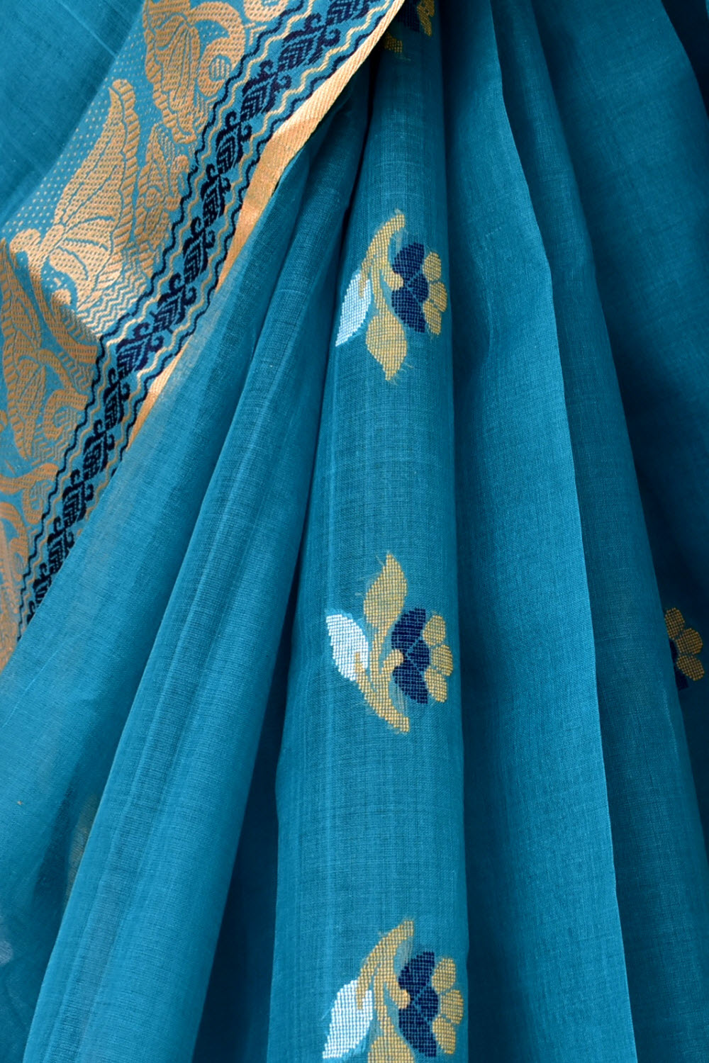 Teal Blue Handwoven Tant Cotton Saree 17459