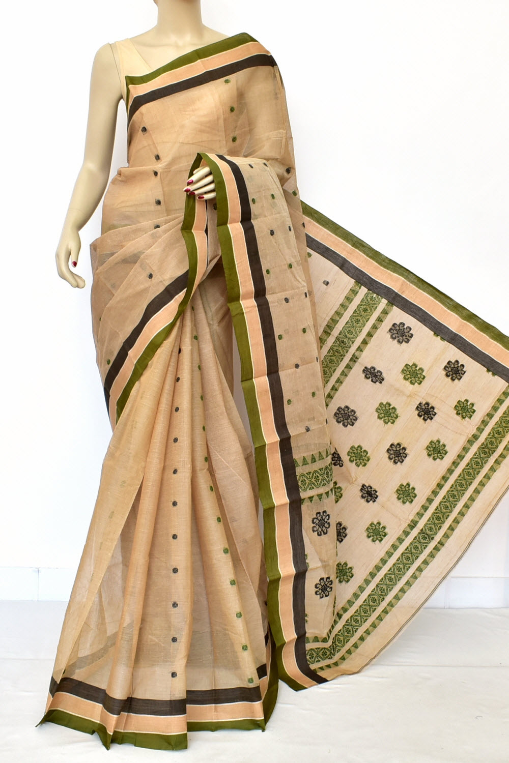 Fawn Handwoven Tant Cotton Saree 17465
