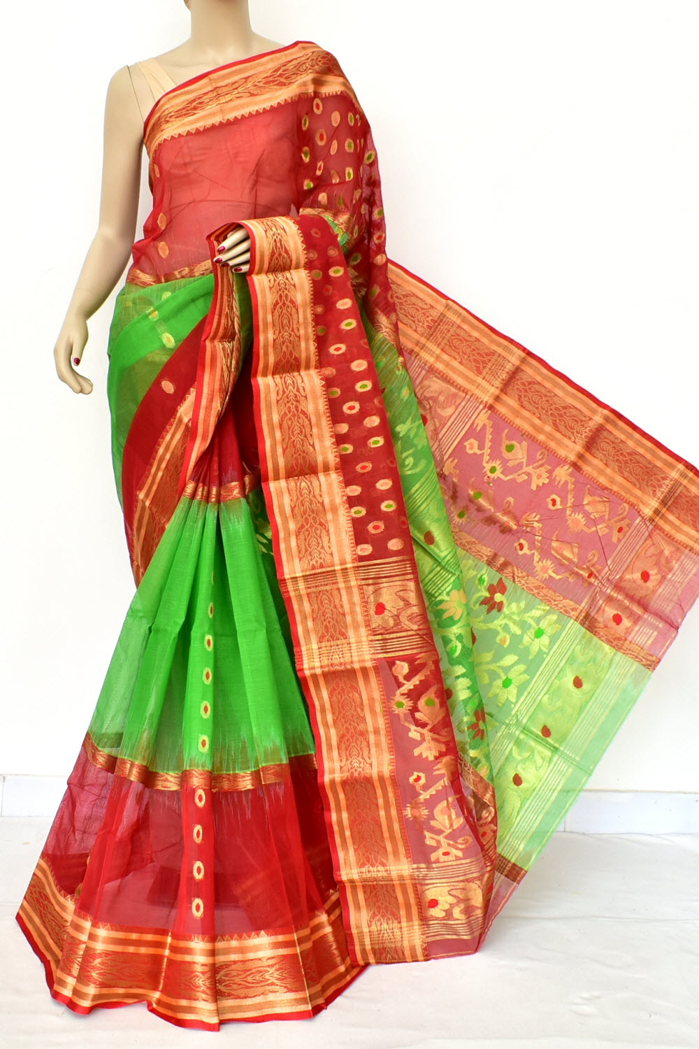 Green-Red Handwoven Tant Cotton Saree 17470