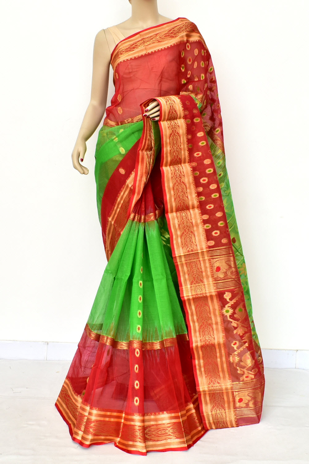 Green-Red Handwoven Tant Cotton Saree 17470