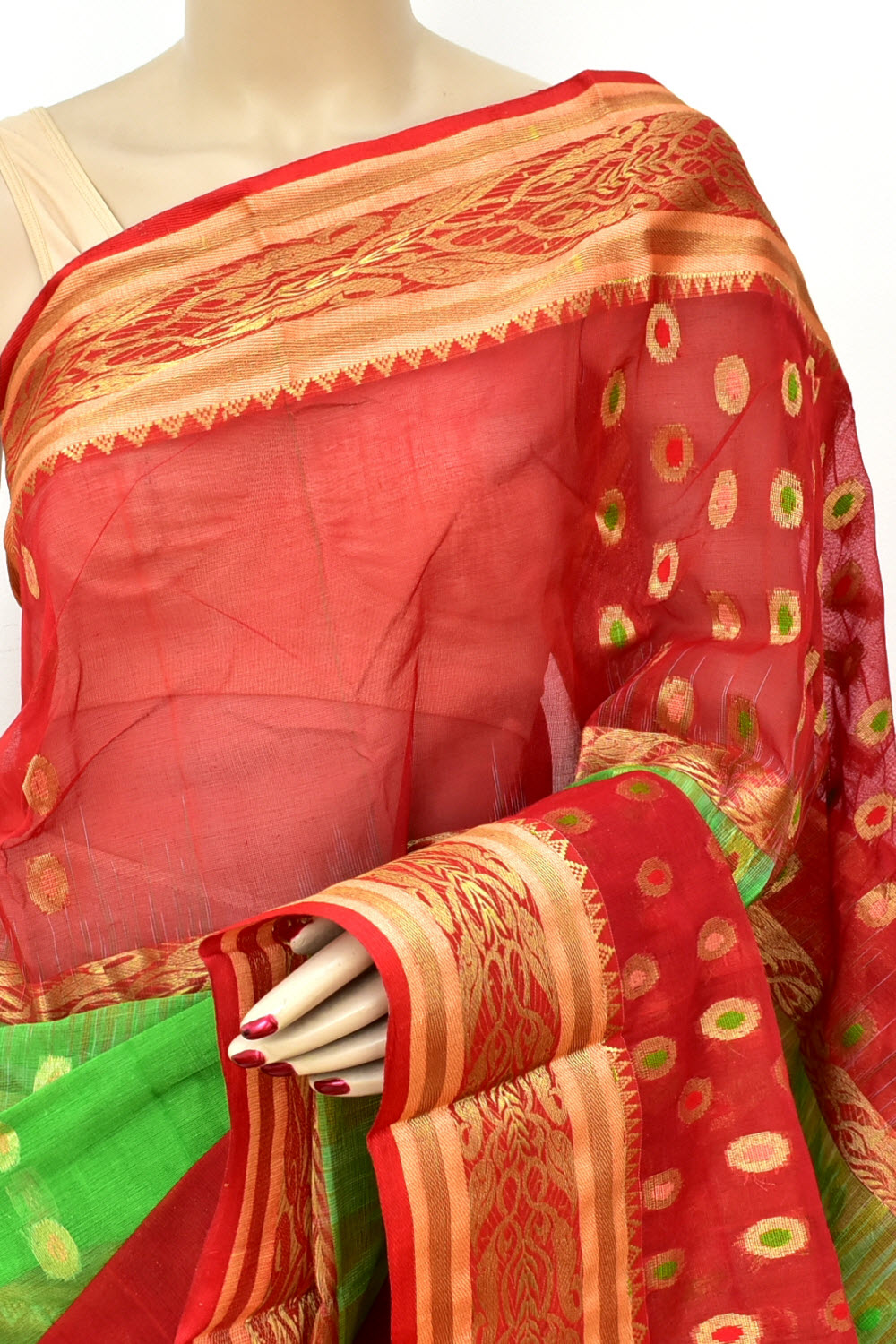 Green-Red Handwoven Tant Cotton Saree 17470