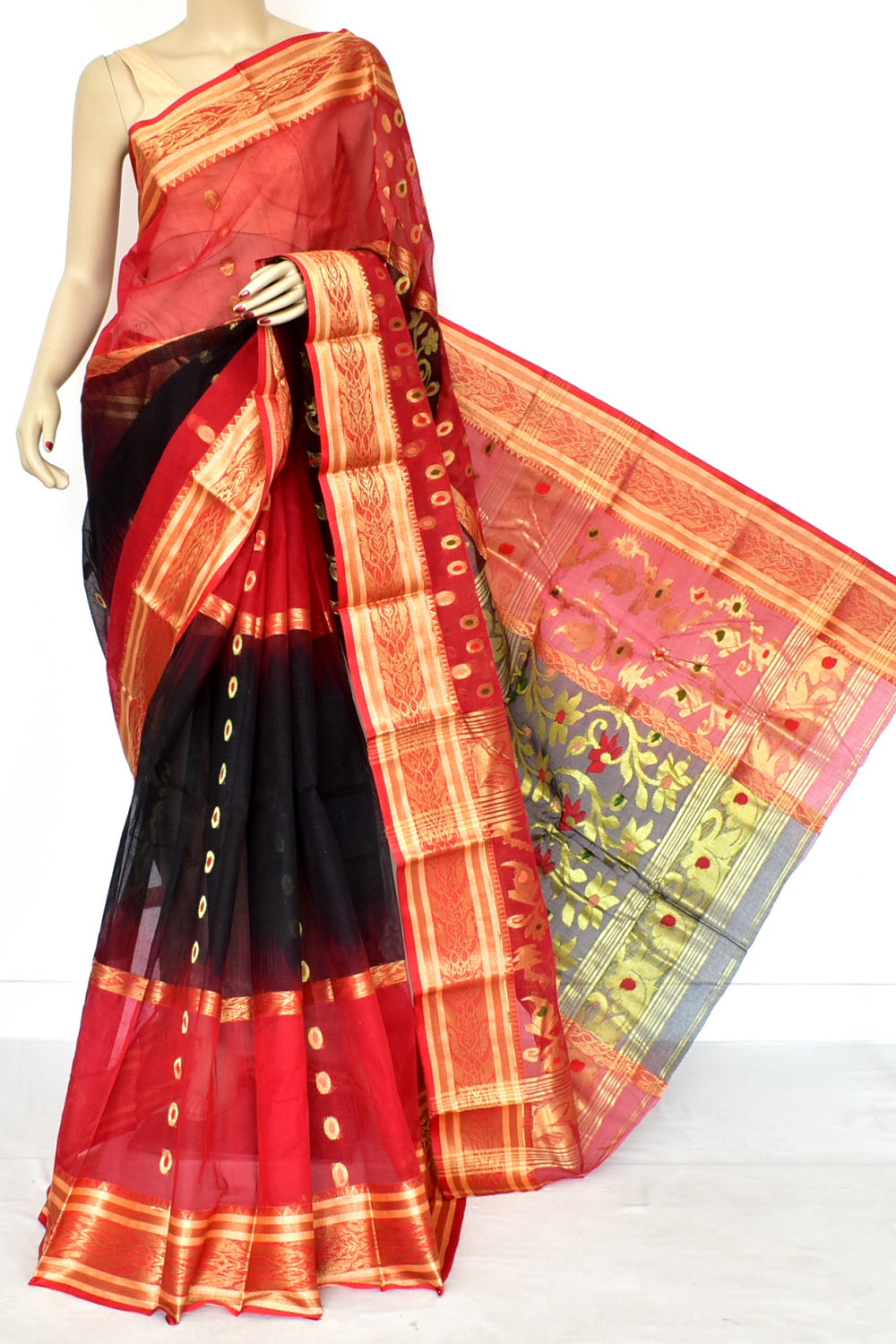 Black-Red Handwoven Tant Cotton Saree 17473