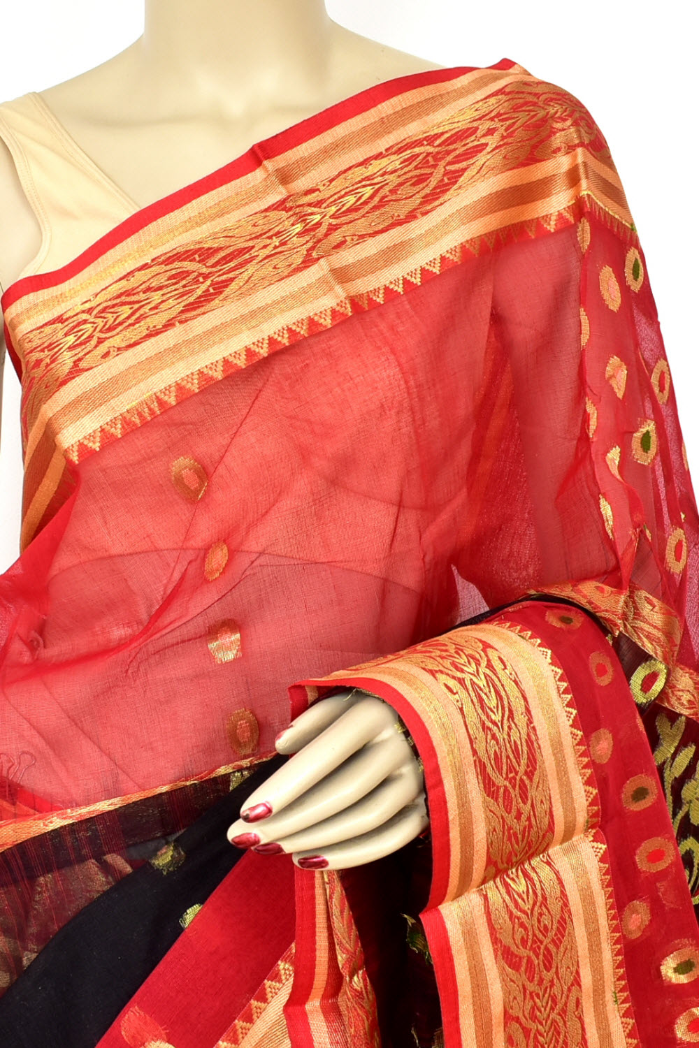 Black-Red Handwoven Tant Cotton Saree 17473