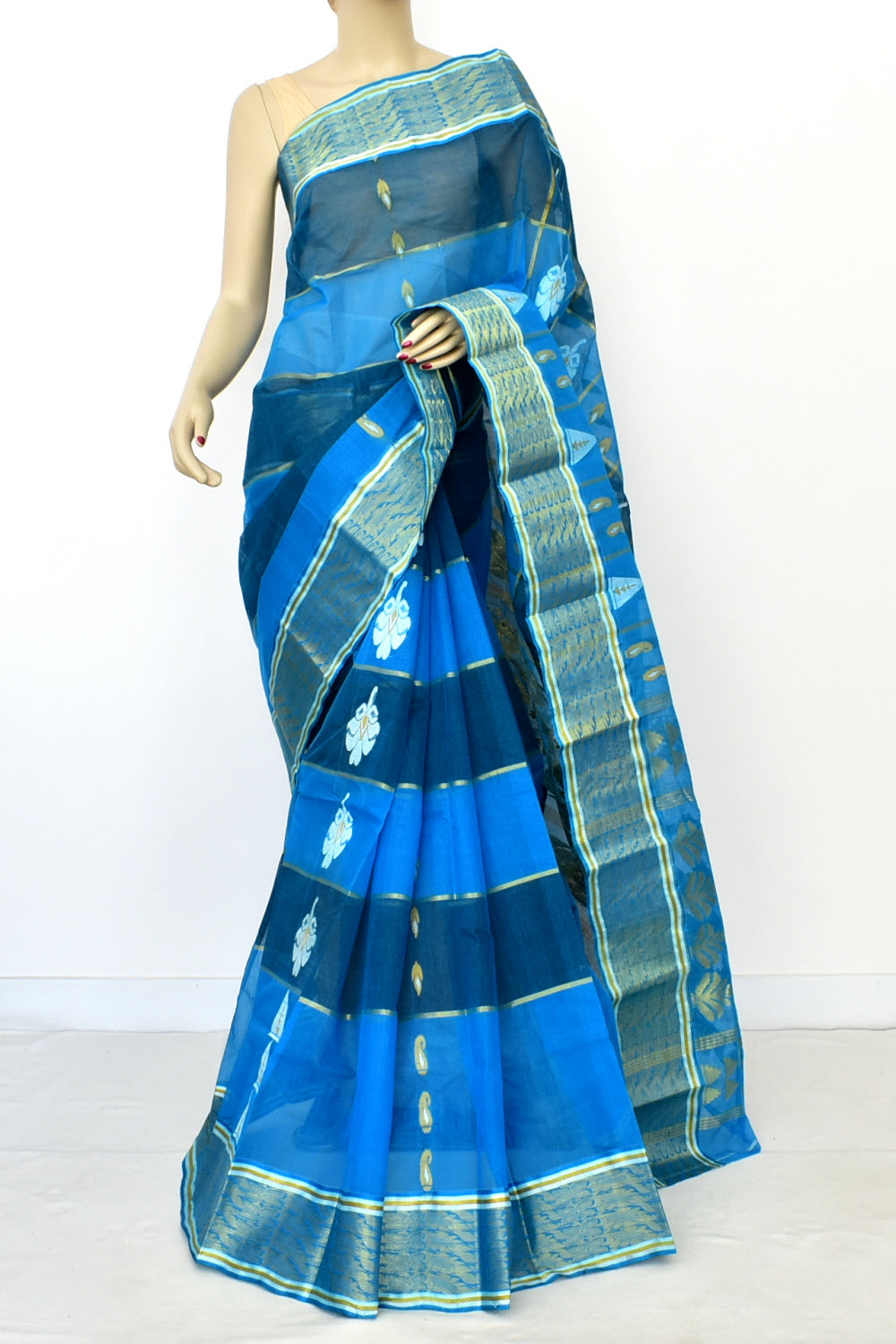 Pherozi-Blue Handloom Tant Cotton Saree 17485