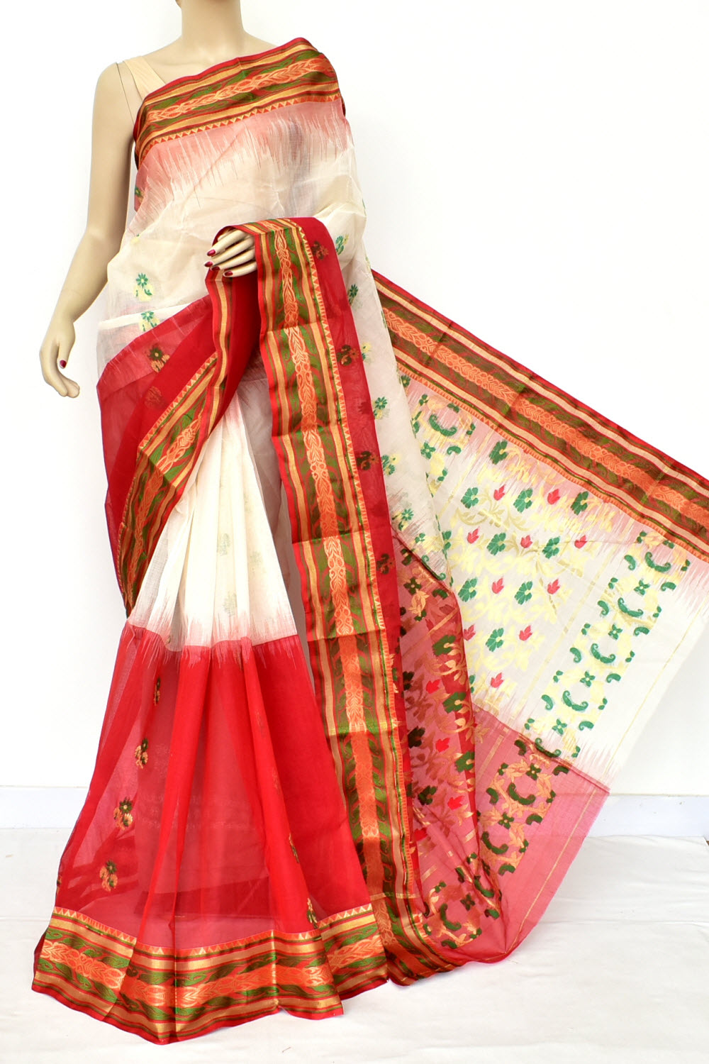 Red-White Handwoven Tant Cotton Saree 17490