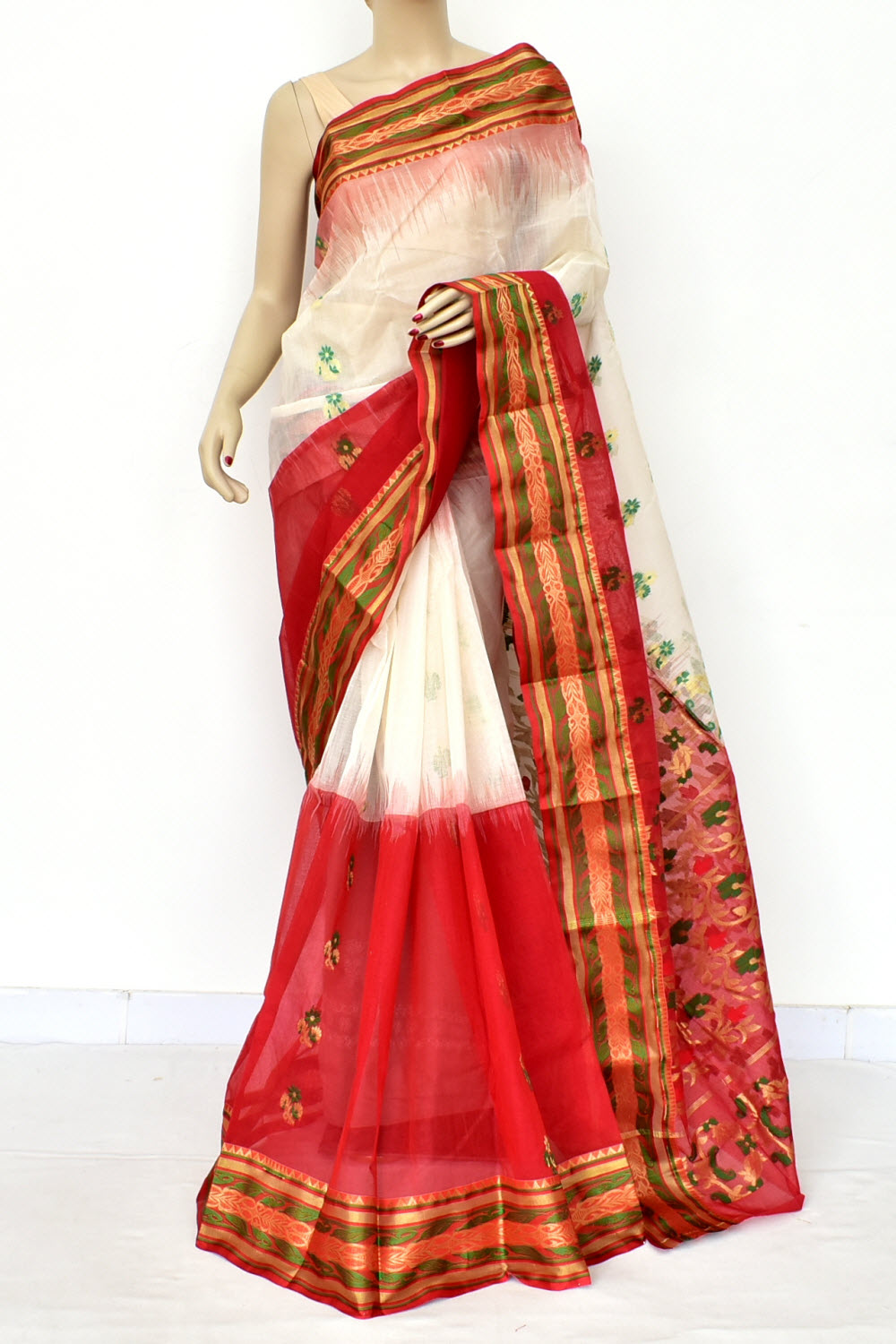 Red-White Handwoven Tant Cotton Saree 17490