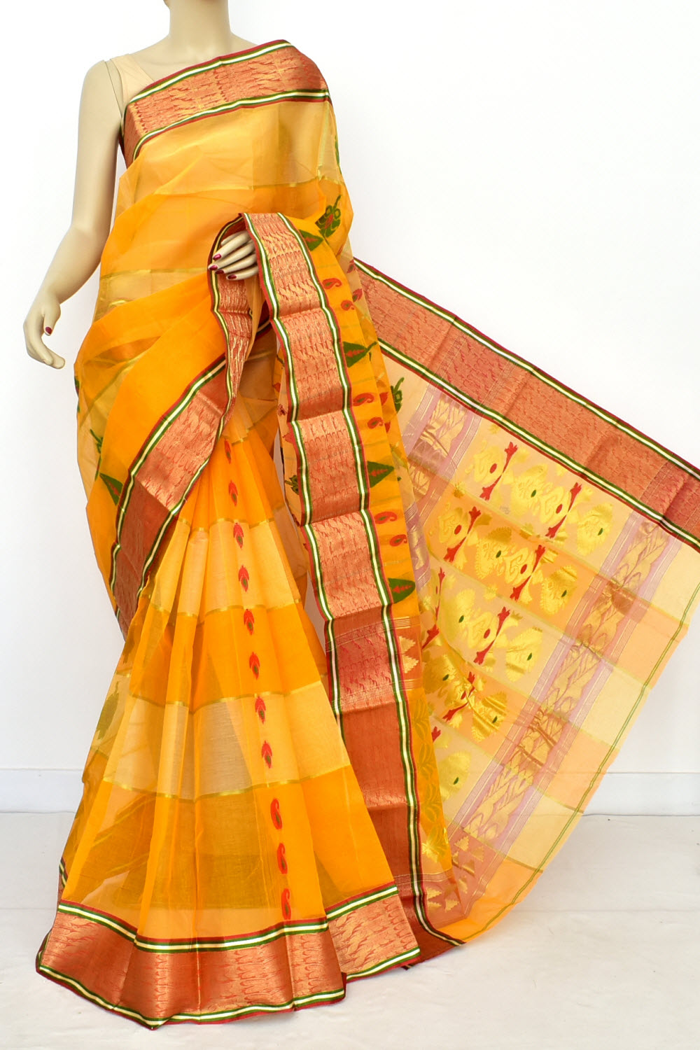 Turmeric Yellow Handwoven Tant Cotton Saree 17491