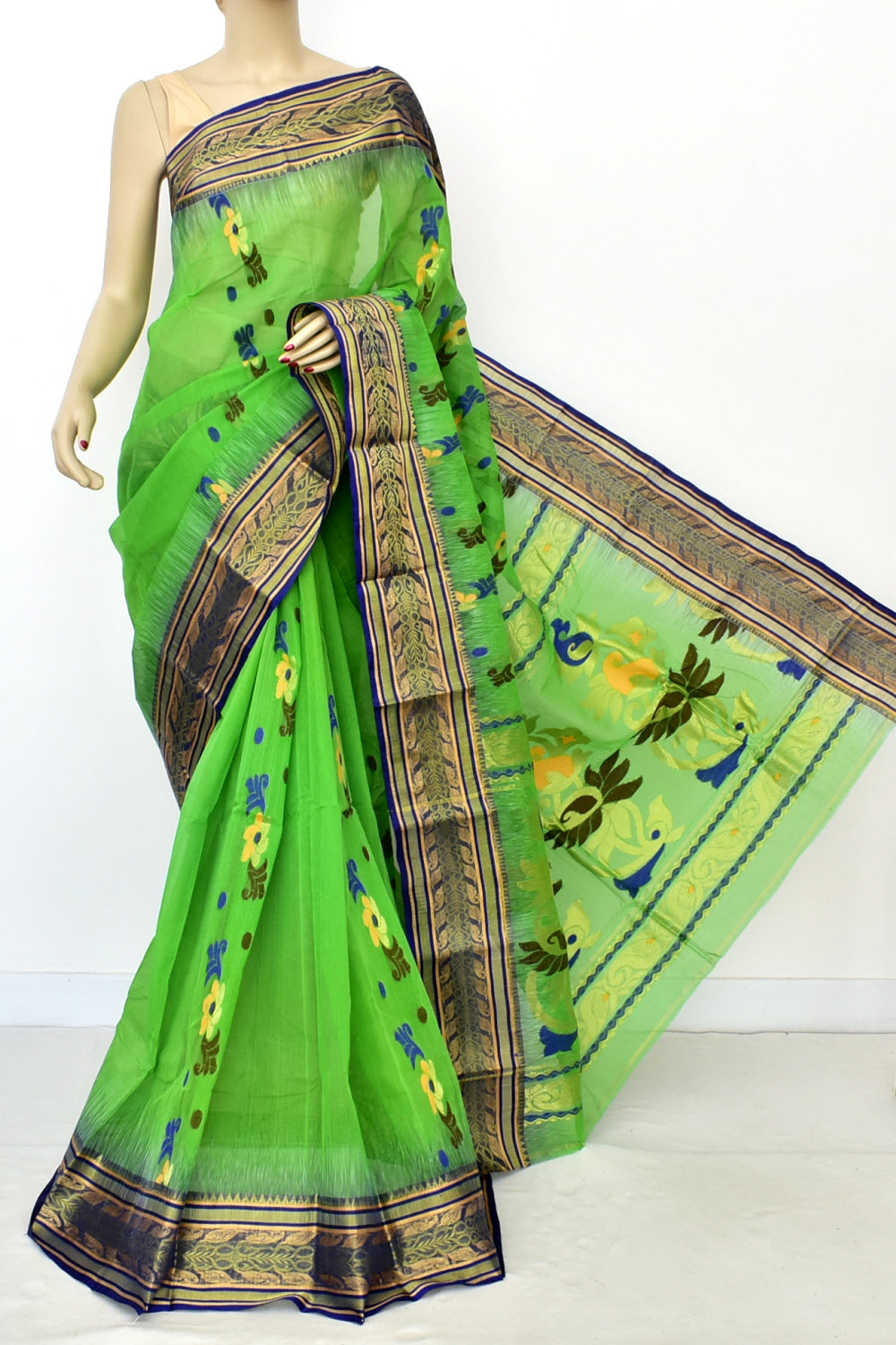 Parrot Green-Blue Handwoven Tant Cotton Saree 17492