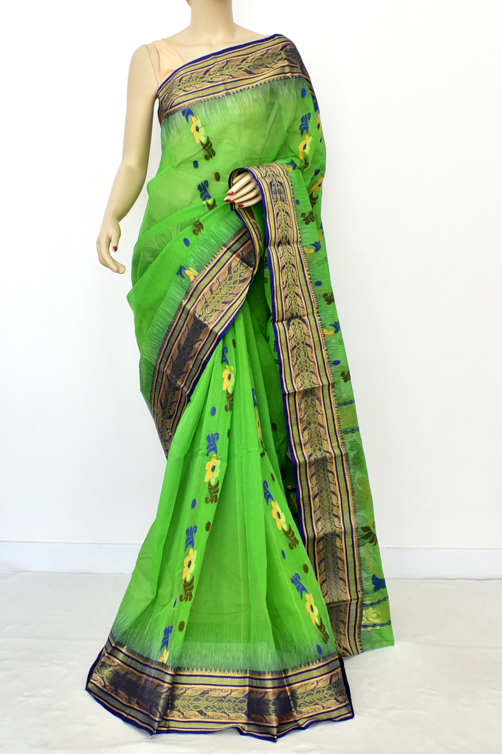Parrot Green-Blue Handwoven Tant Cotton Saree 17492