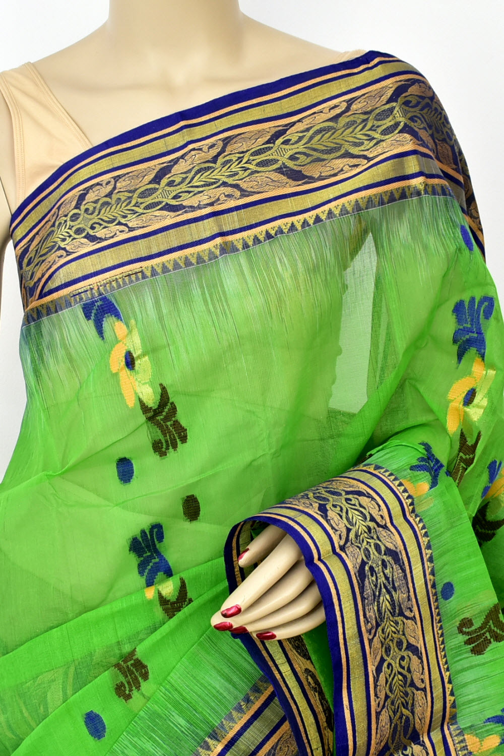 Parrot Green-Blue Handwoven Tant Cotton Saree 17492