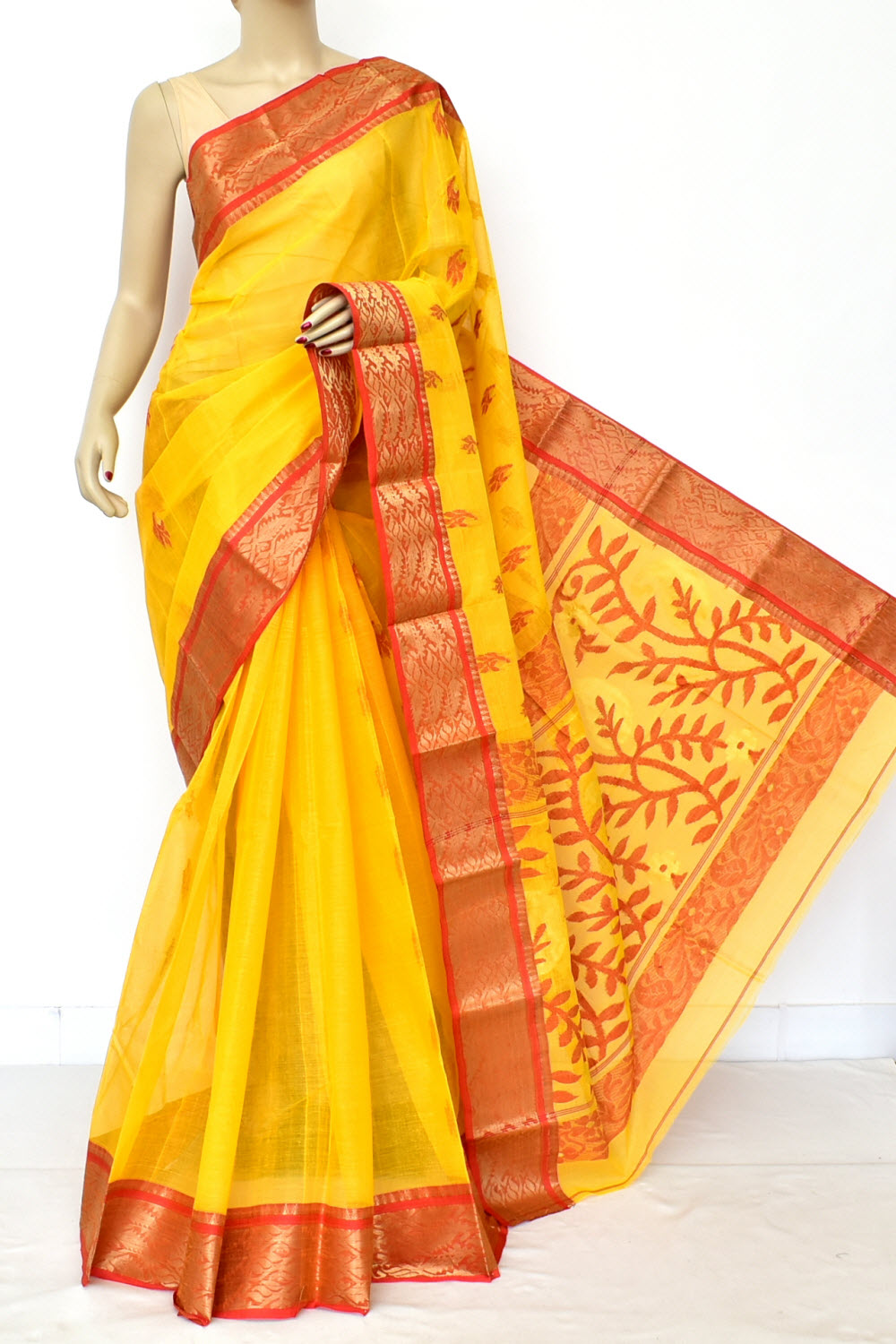 Yellow-Red Handwoven Tant Cotton Saree 17498
